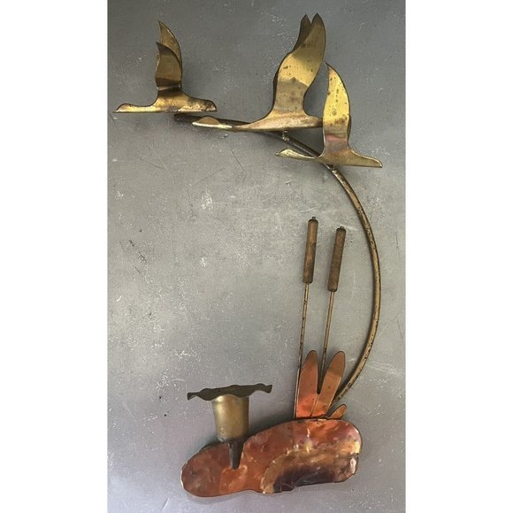 VINTAGE MCM SEAGULLS METAL WALL HANGING BIRDS CANDLE HOLDER BRASS SET OF 2 - Picture 8 of 11